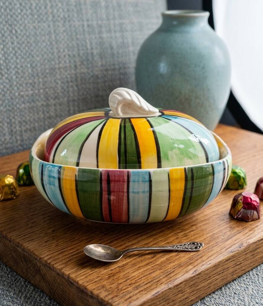Vintage Ceramic Bonbonnière with Colourful Stripes - Jewellery Box