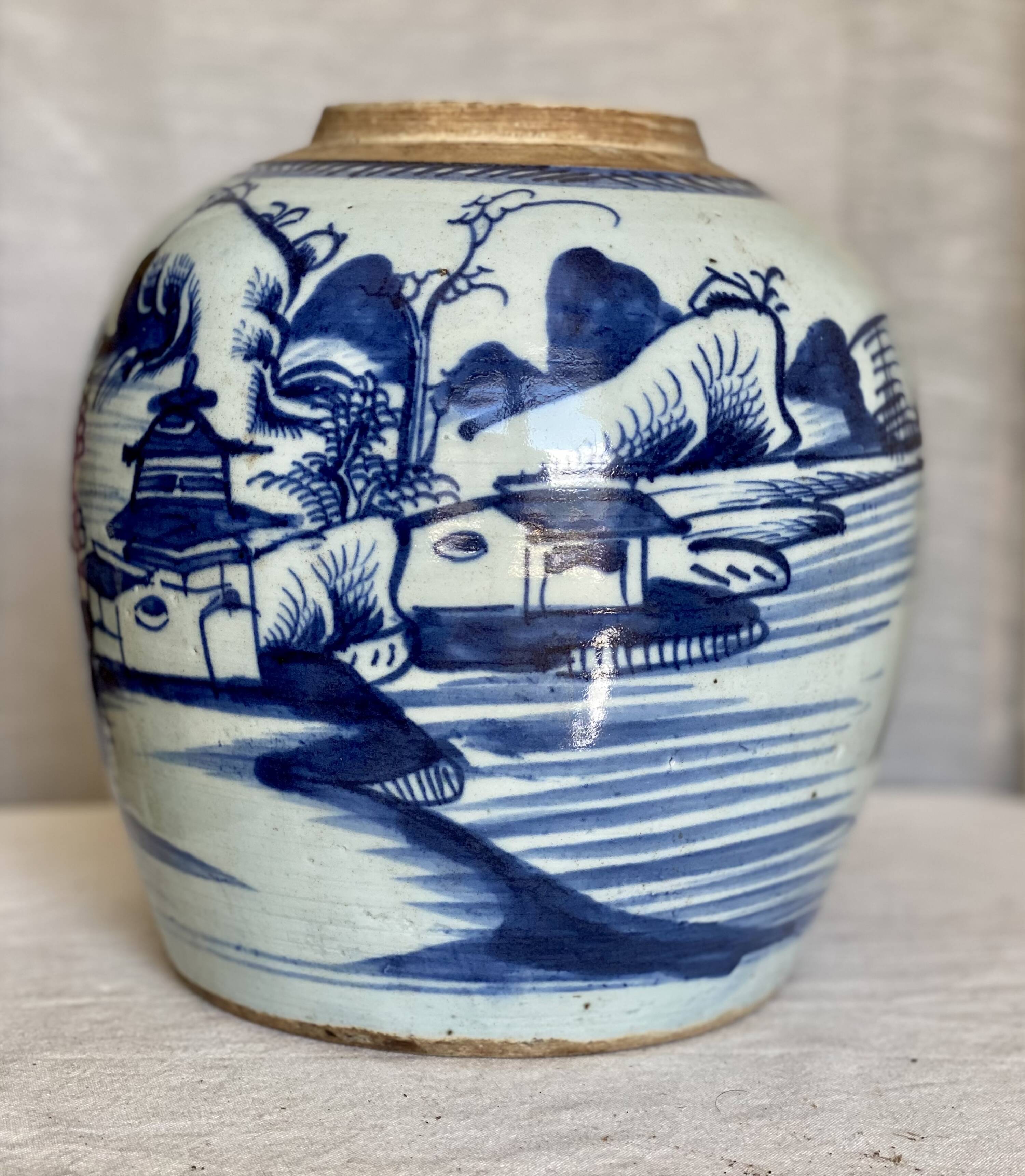 Vase céramique Chinoise XIXé s. blanc bleu pot oriental