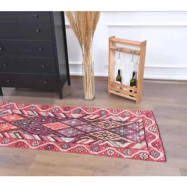 Vintage Turkish Oushak Handmade Wool Cotton Pink Runner Rug 80x317