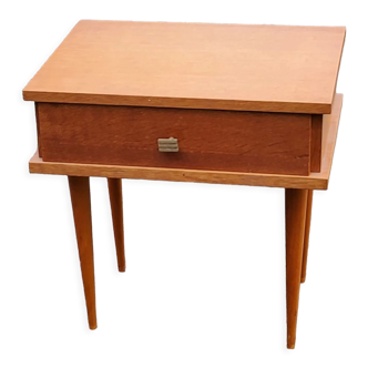 Vintage bedside table in golden blond oak conical feet from the 60s