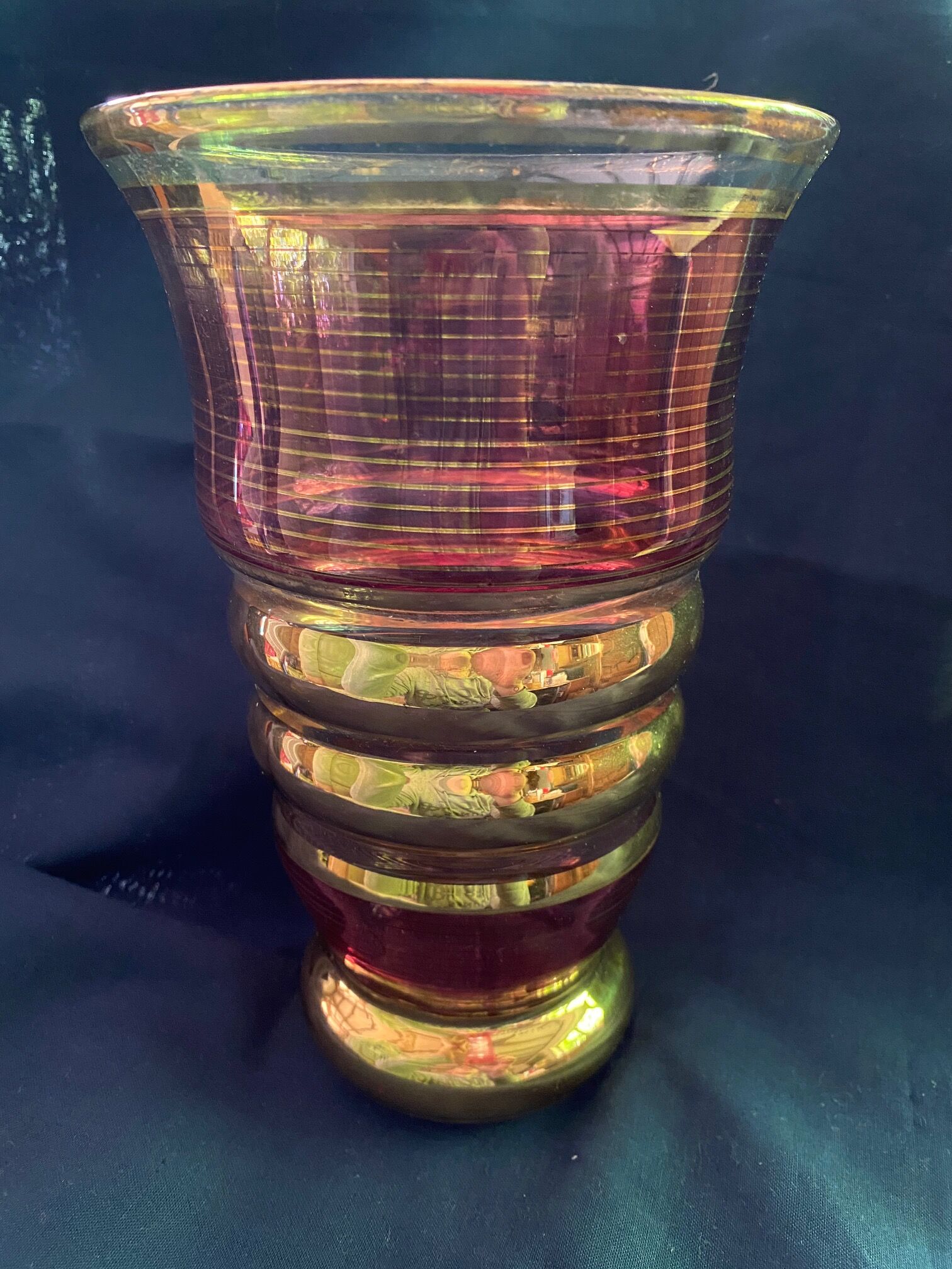 art deco vase in fuchsia & gold glass cira 1930 - belgian glassware (boom/doyen/laeken)
