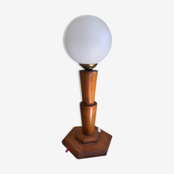 Lampe design scandinave art déco vintage pied bois et globe blanc
