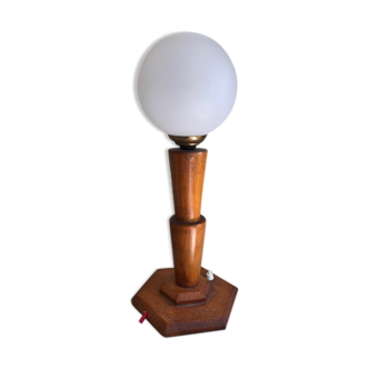 Lampe design scandinave art déco vintage pied bois et globe blanc