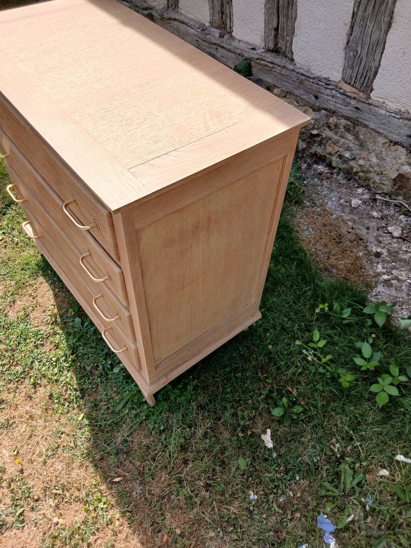 Commode 4 tiroirs pieds compas chêne bois brut