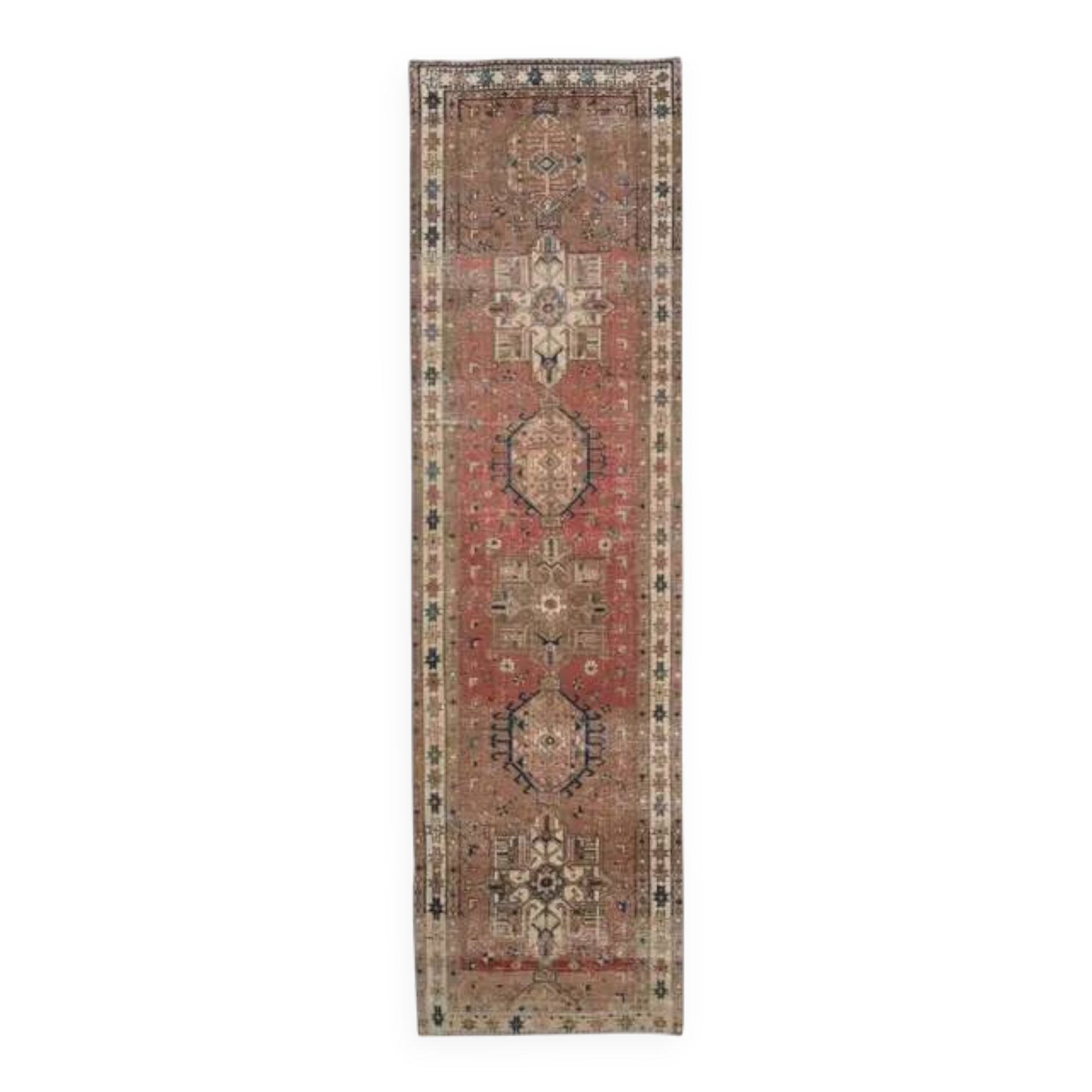 1970s Vintage Persian Handmade Wool Cotton Red Runner Rug 88x329