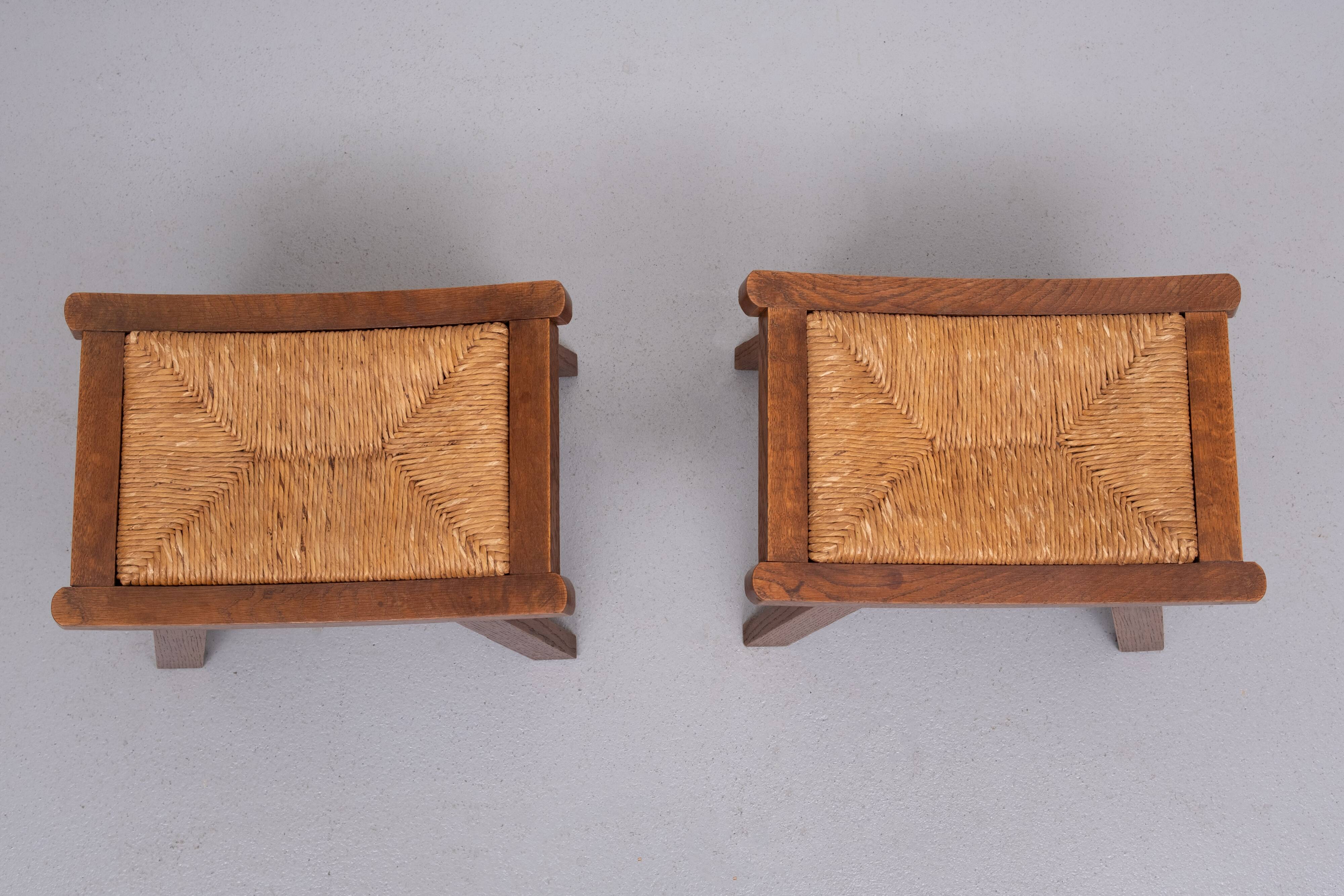 Brutalist curved solid Oak Ottomans 1950s France