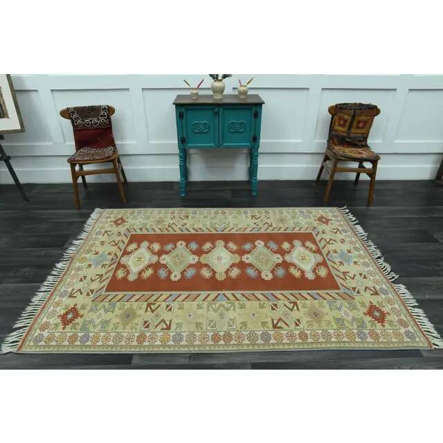 1970s Vintage Turkish Oushak Handmade  Red Yellow Area Rug 152x223