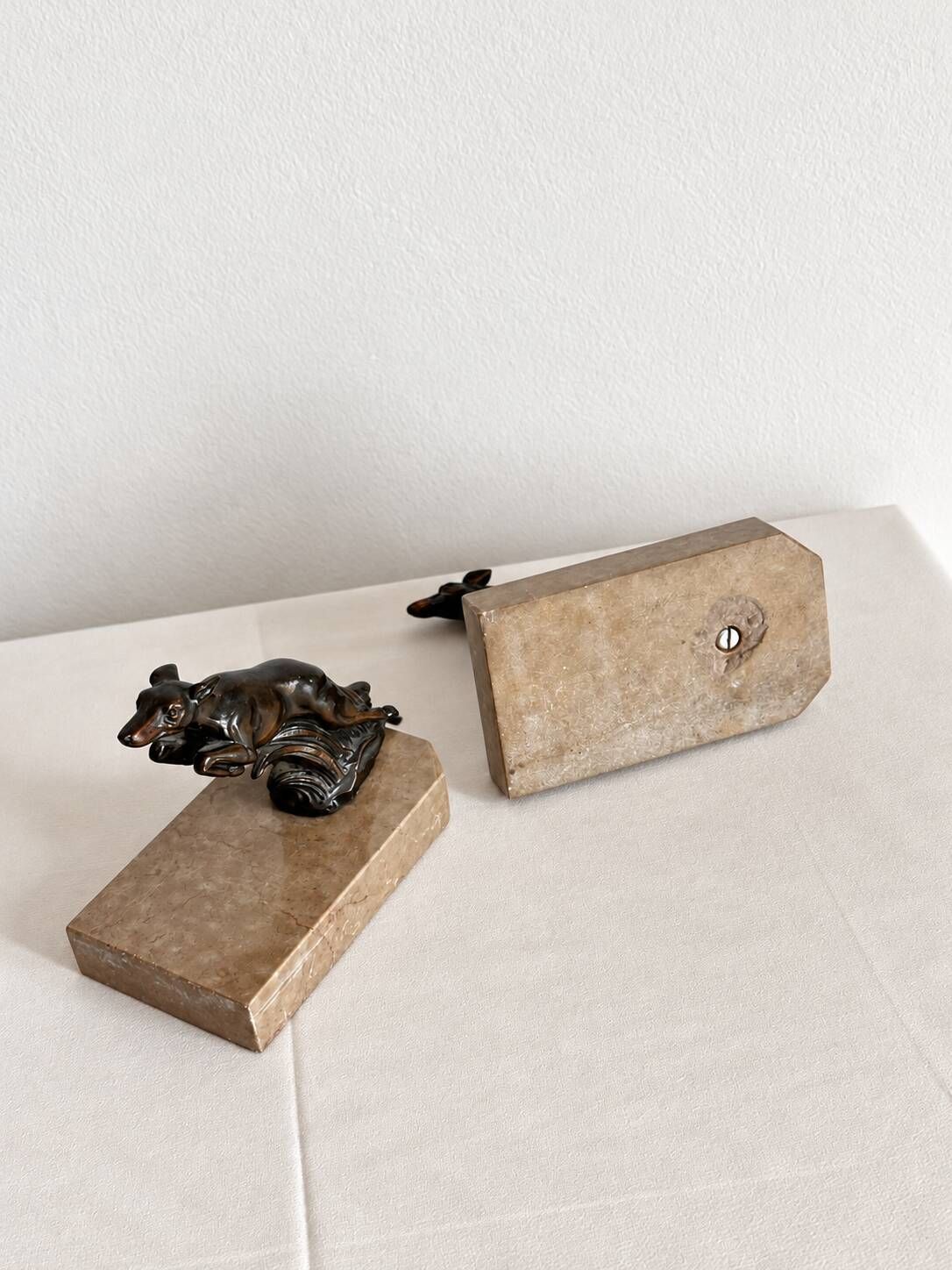 Marble and bronze metal bookends, Art Deco, greyhound, bookshelf.