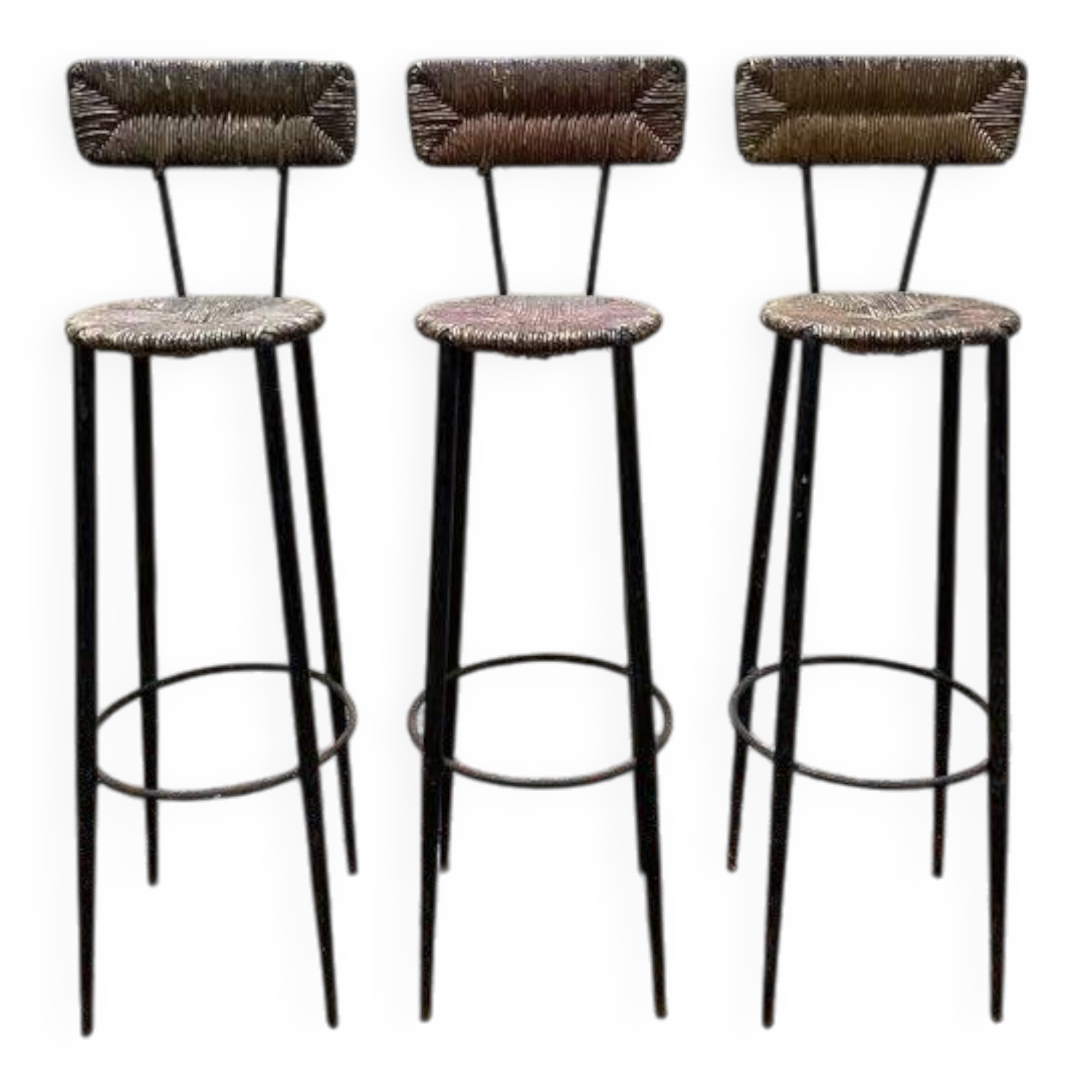 Suite de 3 tabourets de bar en acier et paillés