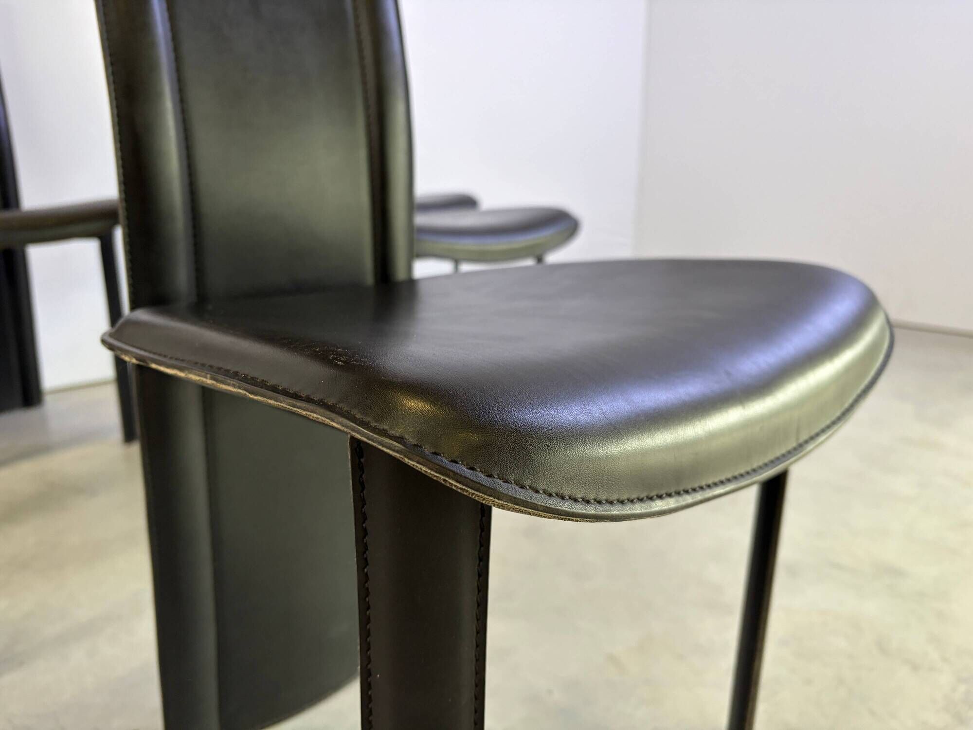 Vintage black leather dining chairs, set of 6, 1980s