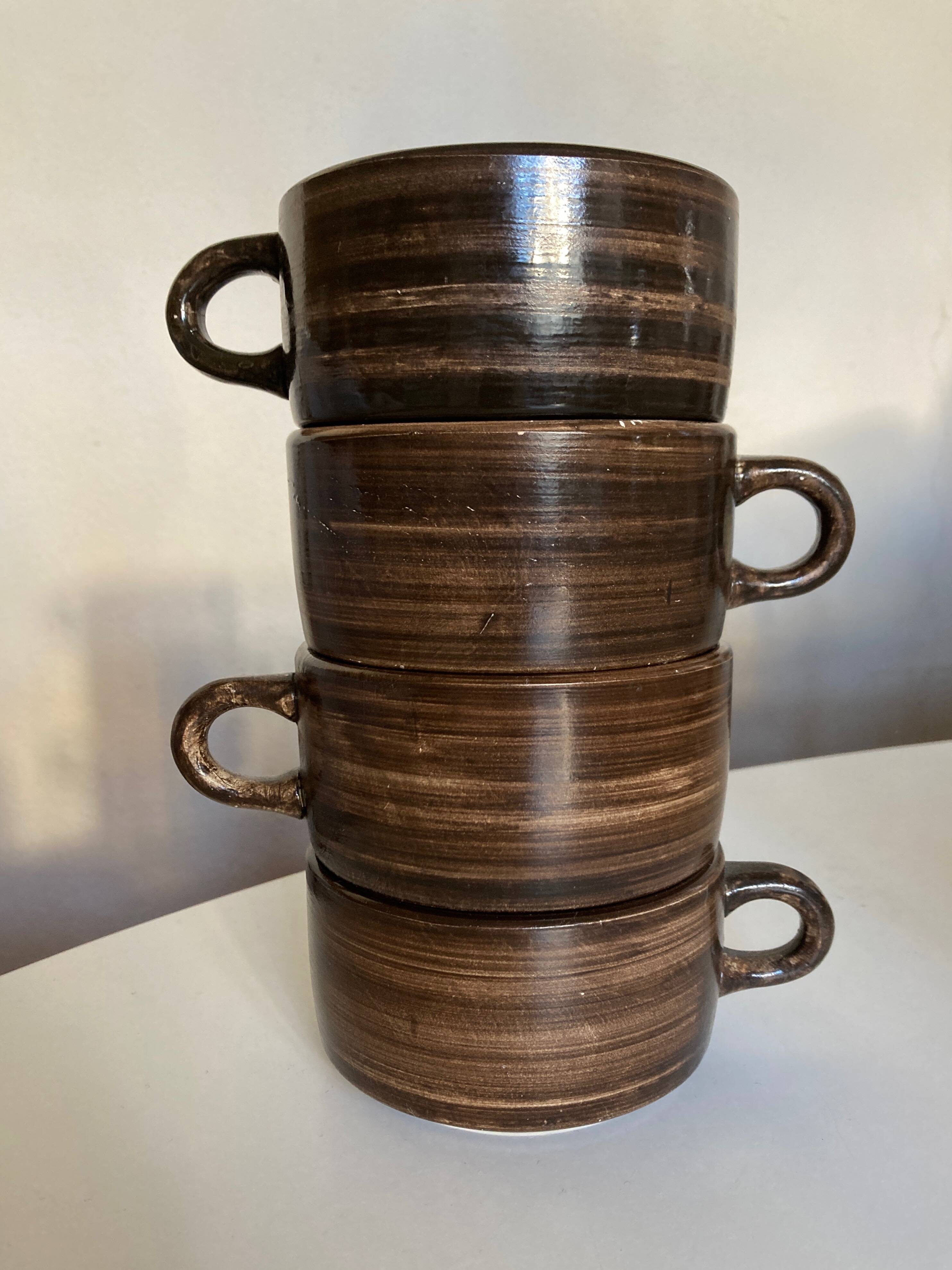 Set de 4 tasses déjeuner Salins décor bois 1970