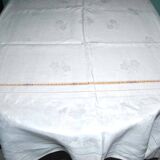 Vintage tablecloth in mixed cotton damask 130x150 floral decor monogram medallion BV + 10 napkins *M