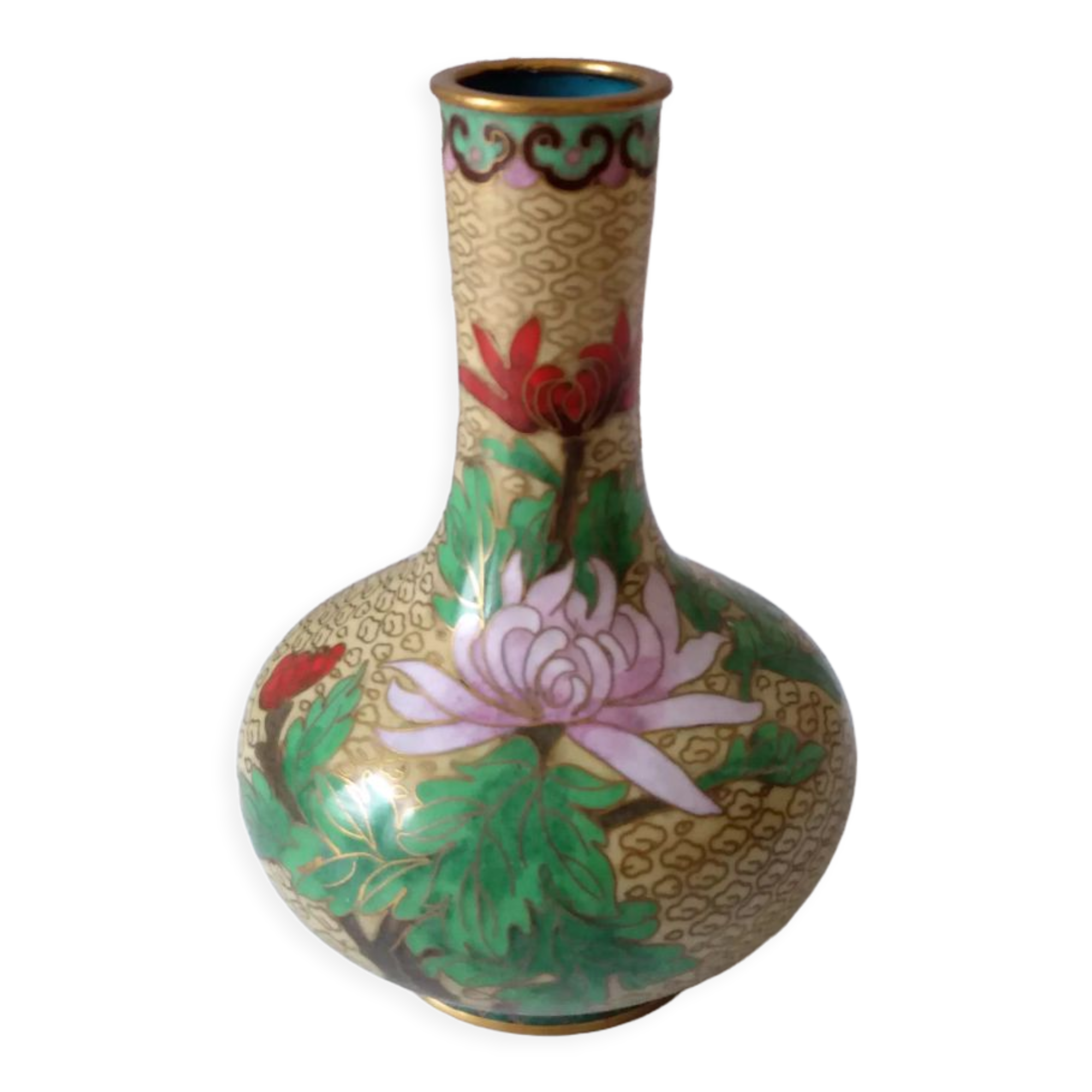 Enamelled brass vase cloisonné Chinese style floral pattern beige red green purple
