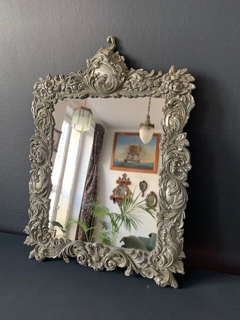 Antique Italian mirror in repoussé silver metal