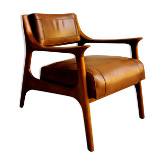 Fauteuil scandinace en cuir et noyer de Ferdinand 1960