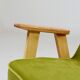 Fauteuil vintage en velours vert poire, bois naturel huilé.