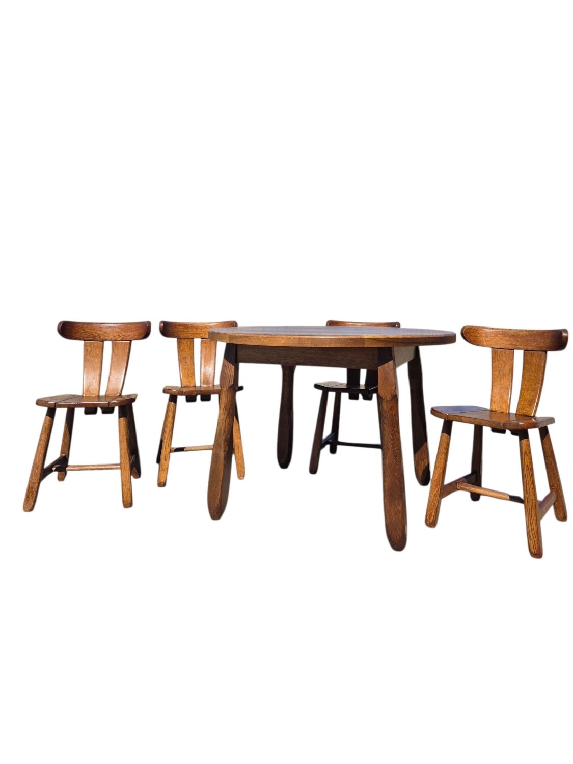 Brutalist set solid oak round dining table 4 chairs Depuydt Belgium