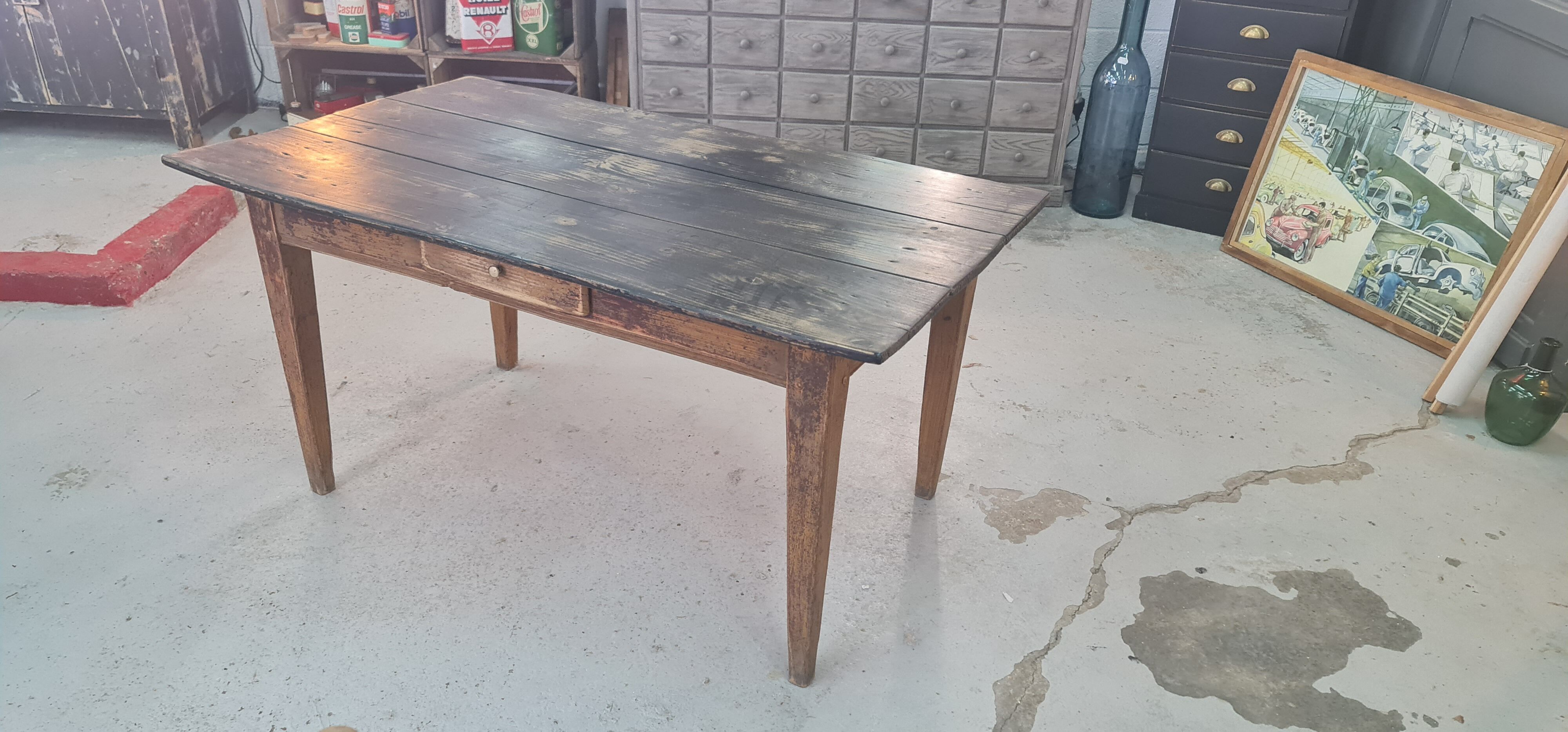 Old wooden table a drawer tray patina black waxed