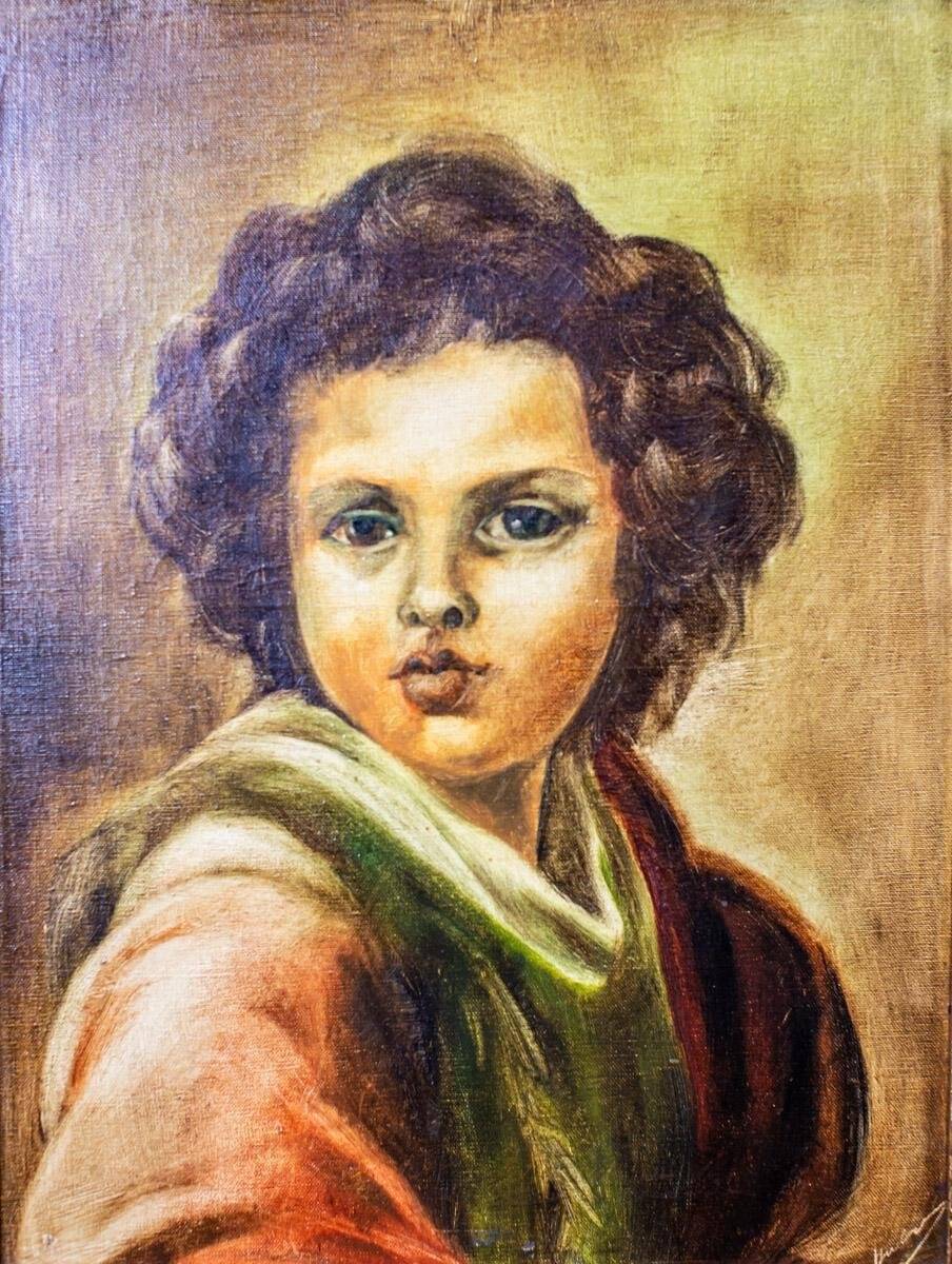 Portrait d'un petit garçon, années 1940, huile sur toile, encadré