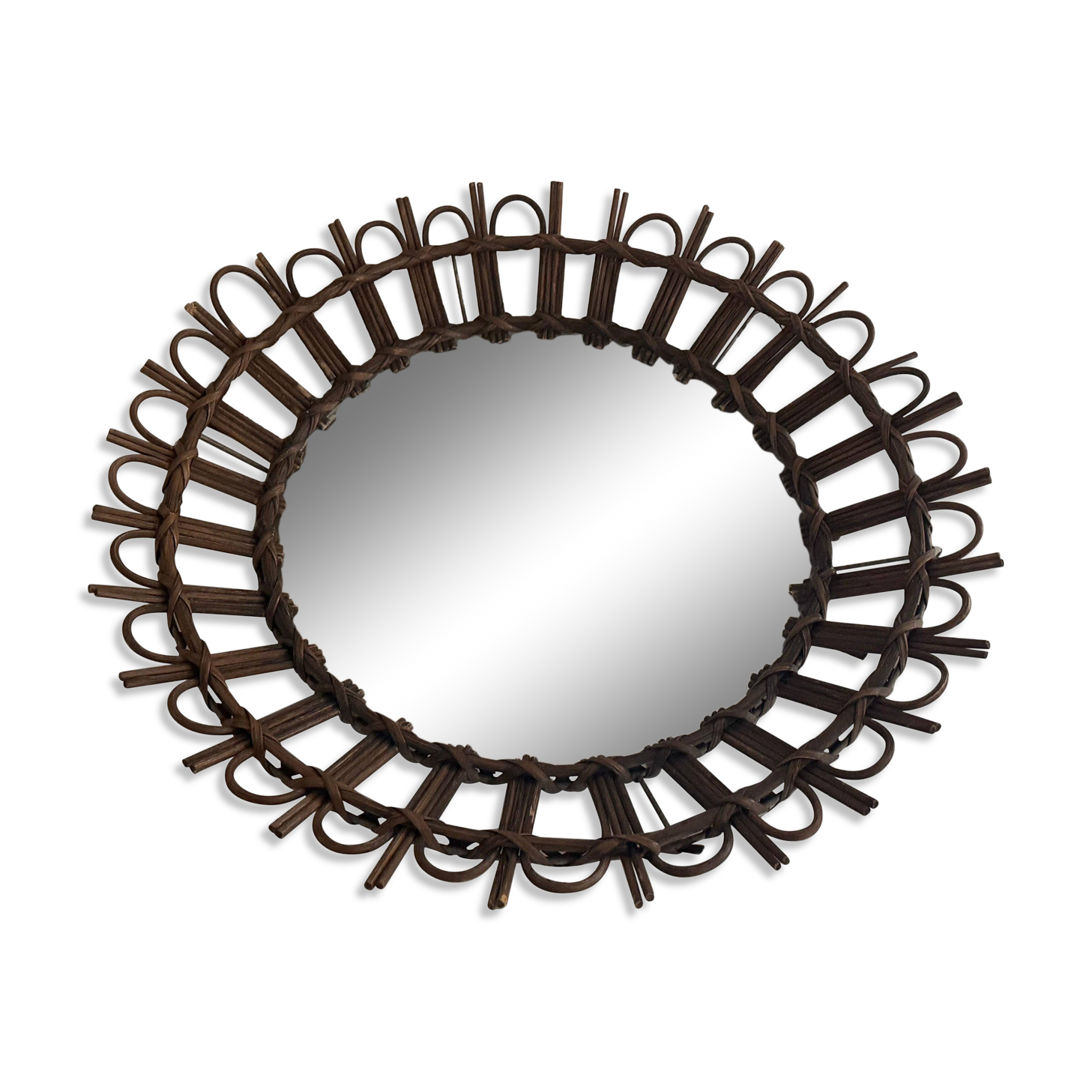 Round wall mirror with a modern mid-century wooden frame, 1960s, Germany.