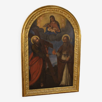 Tableau italien ancien Vierge à l'enfant et saints du 18ème siècle