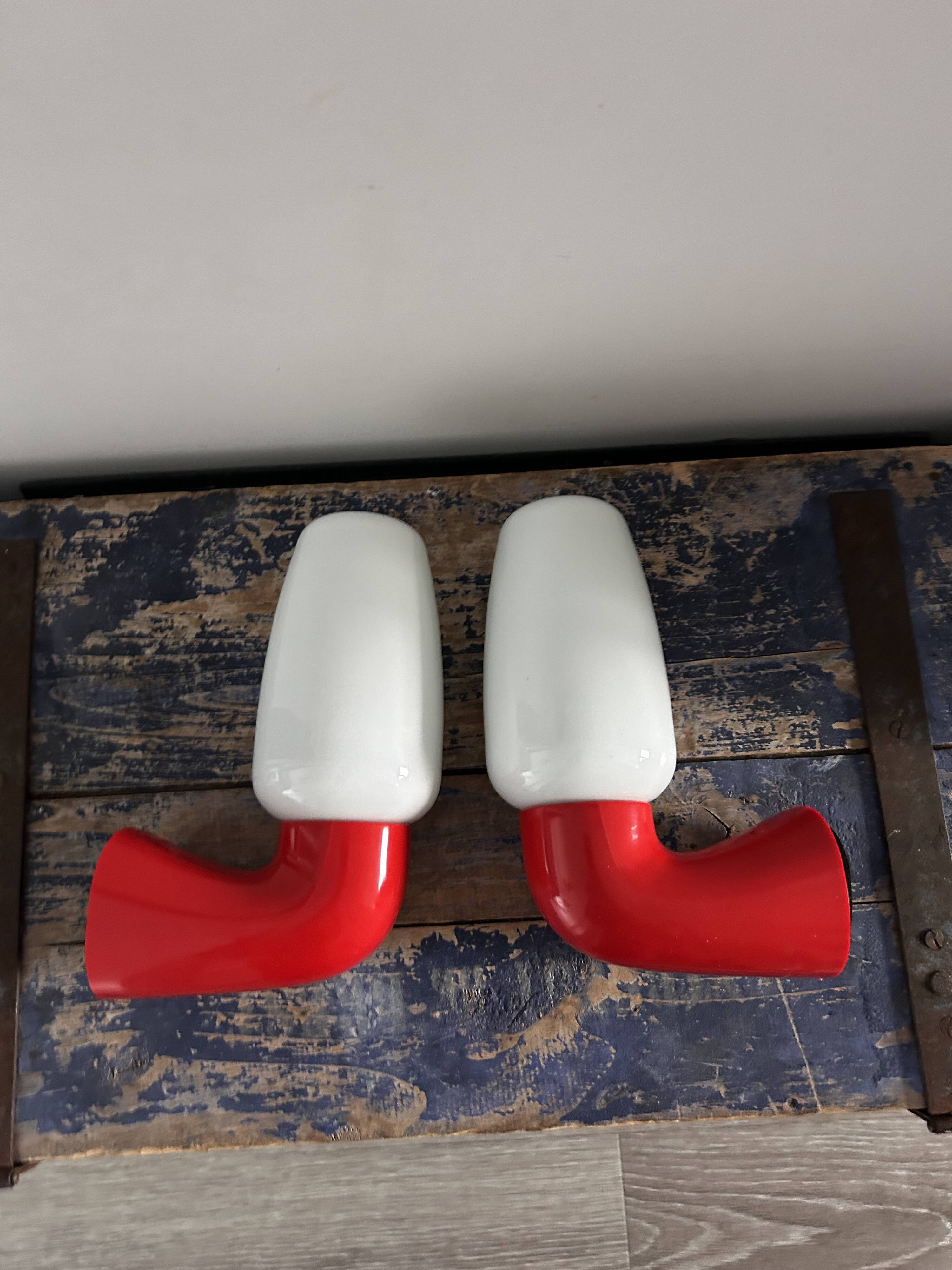 Pair of red and white seventies wall lights
