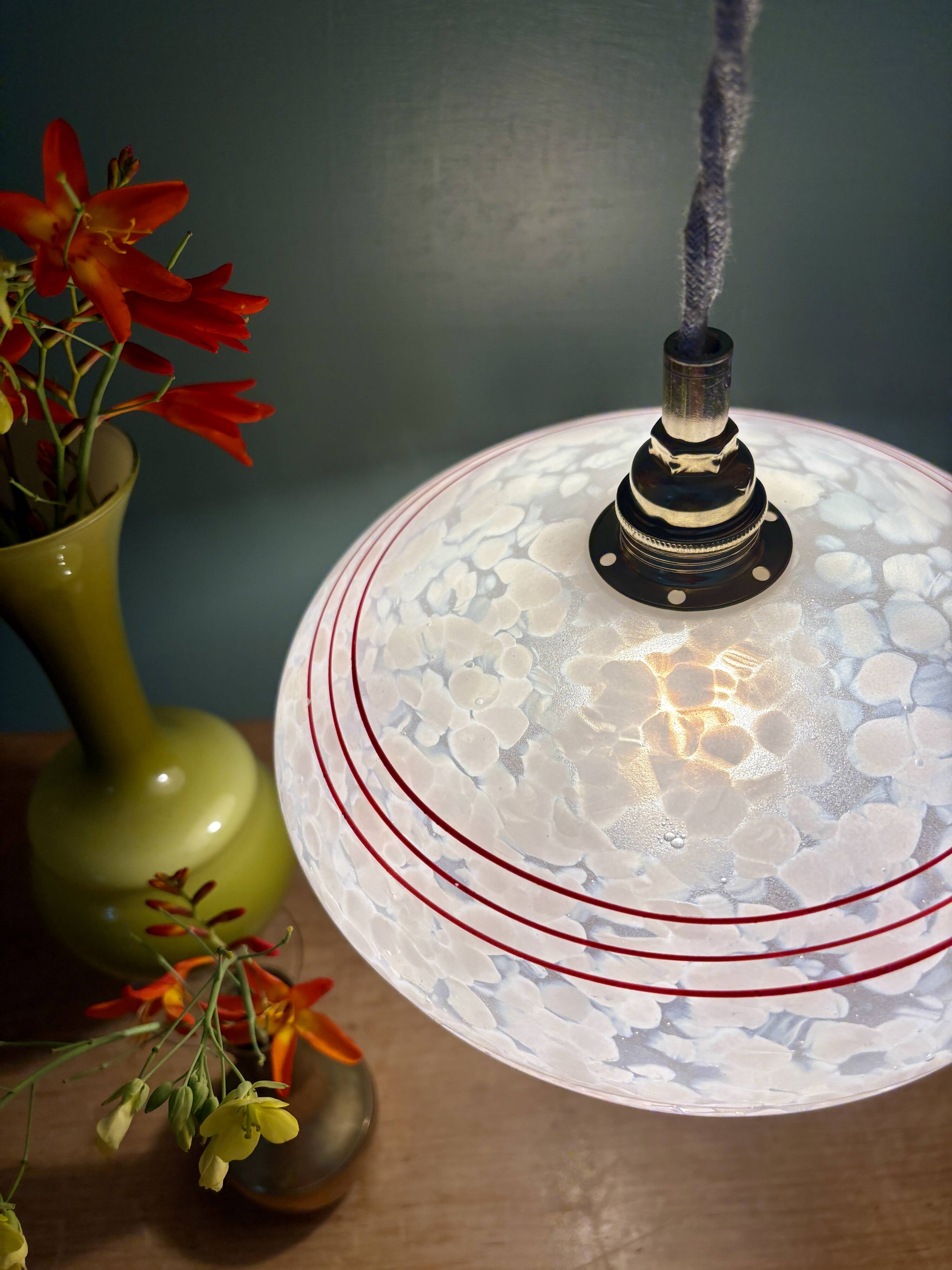 Vintage white clichy glass lampshade pendant light with red trim