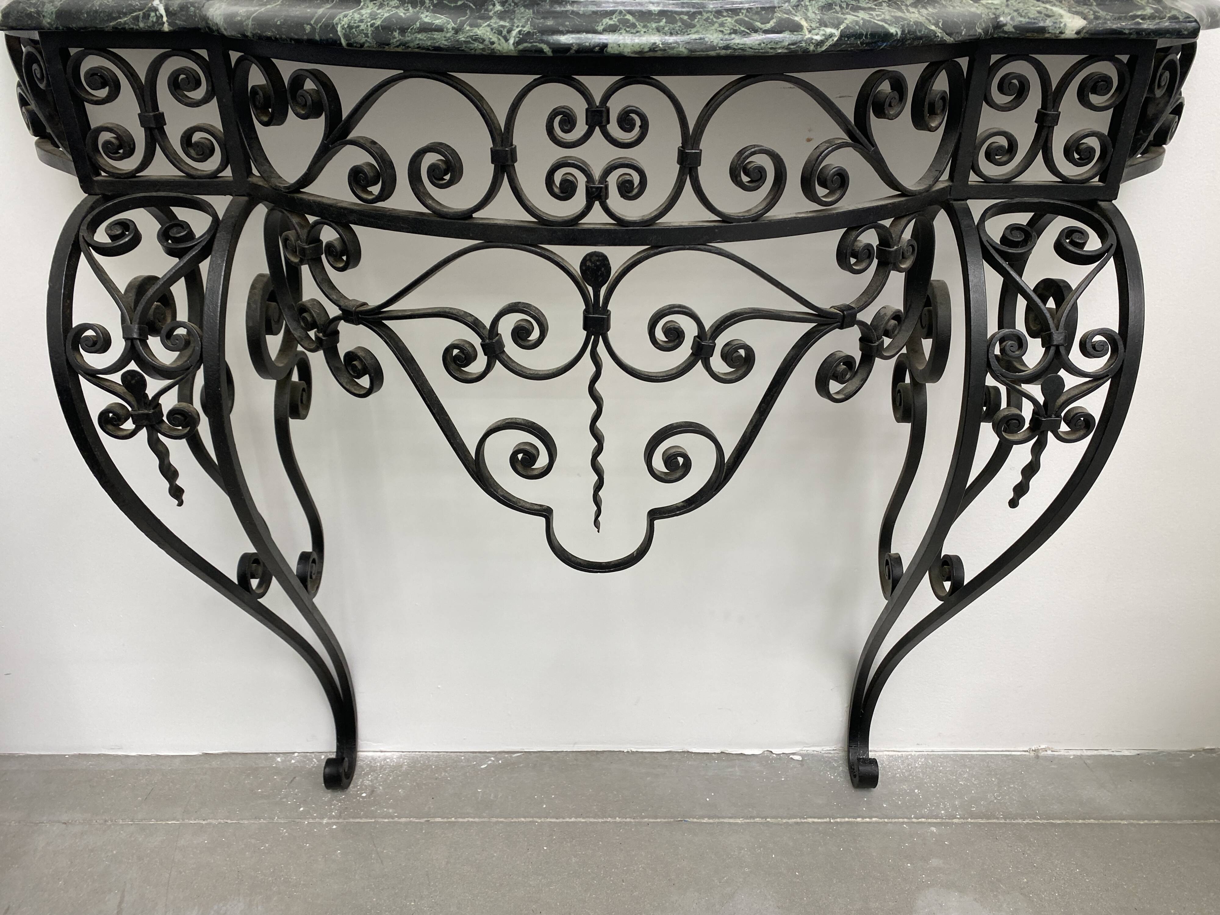 Art Deco Wrought Iron Console with Green Alpine Marble