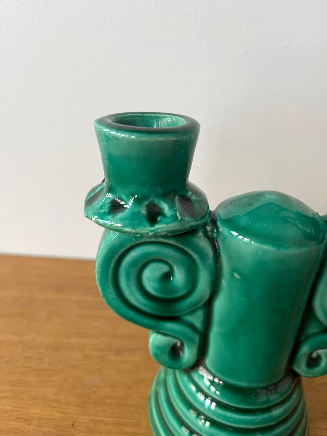 Vallauris green ceramic double candlestick