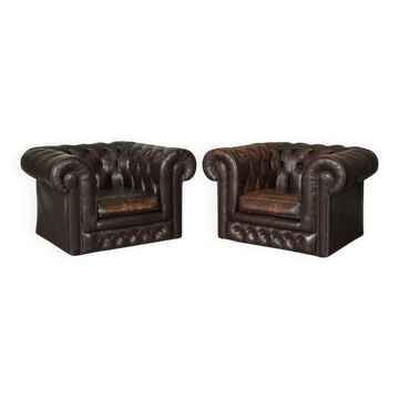 Vintage Brown Leather Chesterfield Club Tub Chairs, Set of 2