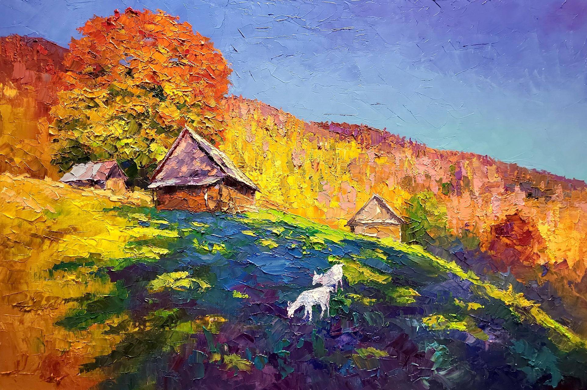 Peinture à l'huile "Rêvant des montagnes des Carpates en automne" par Boris Petrovich Serdyuk