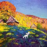 Peinture à l'huile "Rêvant des montagnes des Carpates en automne" par Boris Petrovich Serdyuk