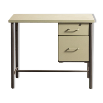 Metal desk equipped with a box, fully restored in pistachio green