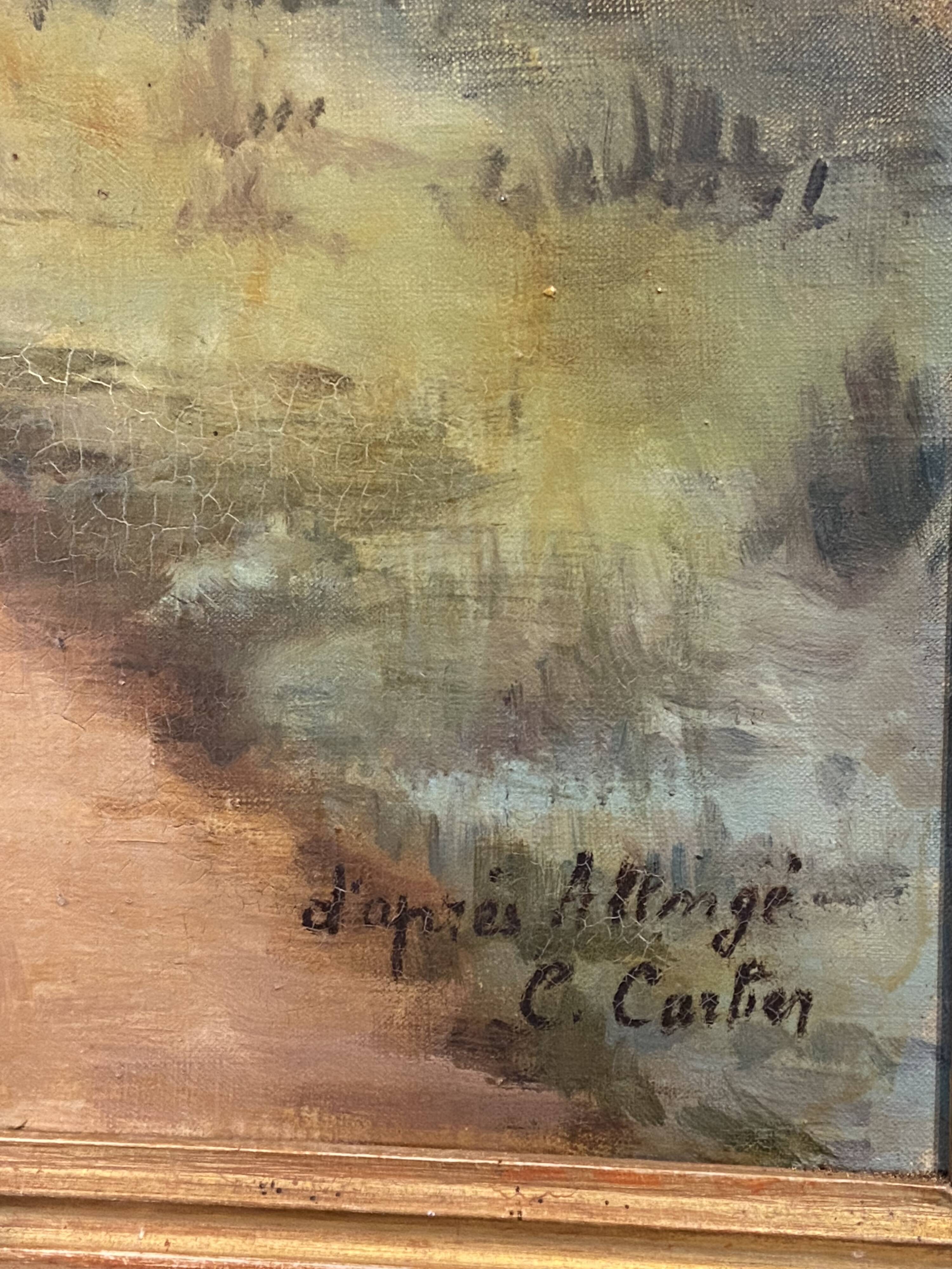 Late 19th century trumeau fireplace mirror painting signed Carlier country path