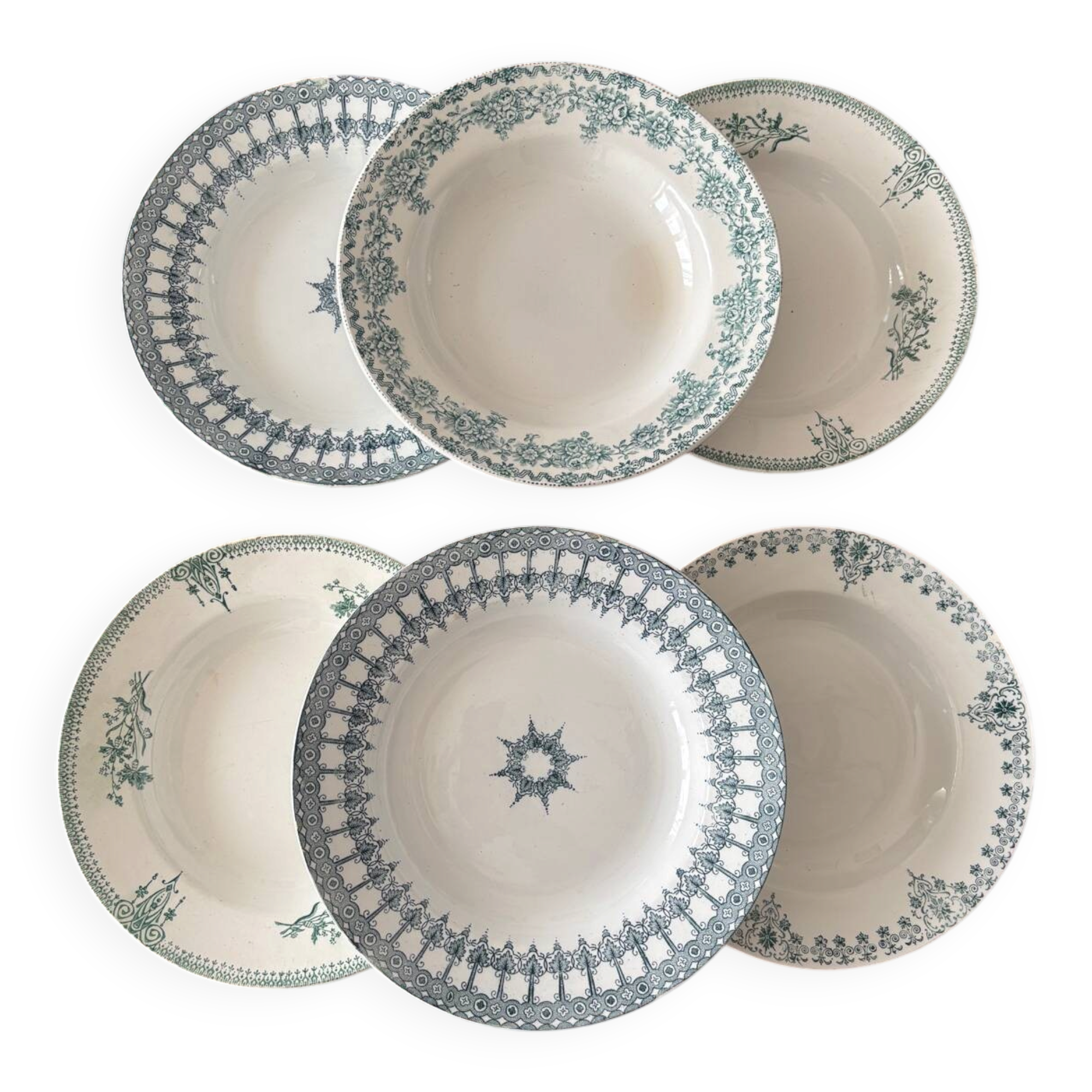 A deep plate in blue and green ironstone, antique French earthenware.