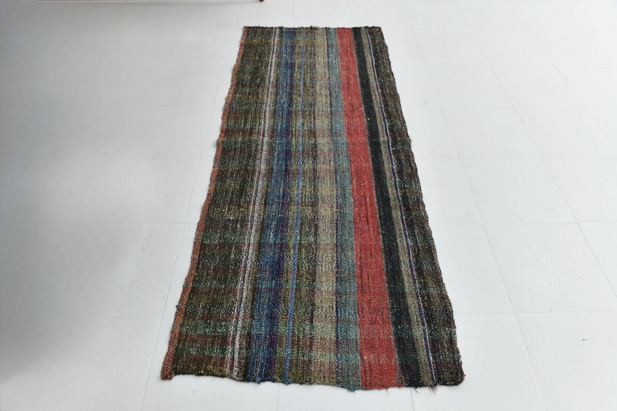 Kilim Red Brown Striped Pattern Vintage Kilim Rug, 93x232Cm