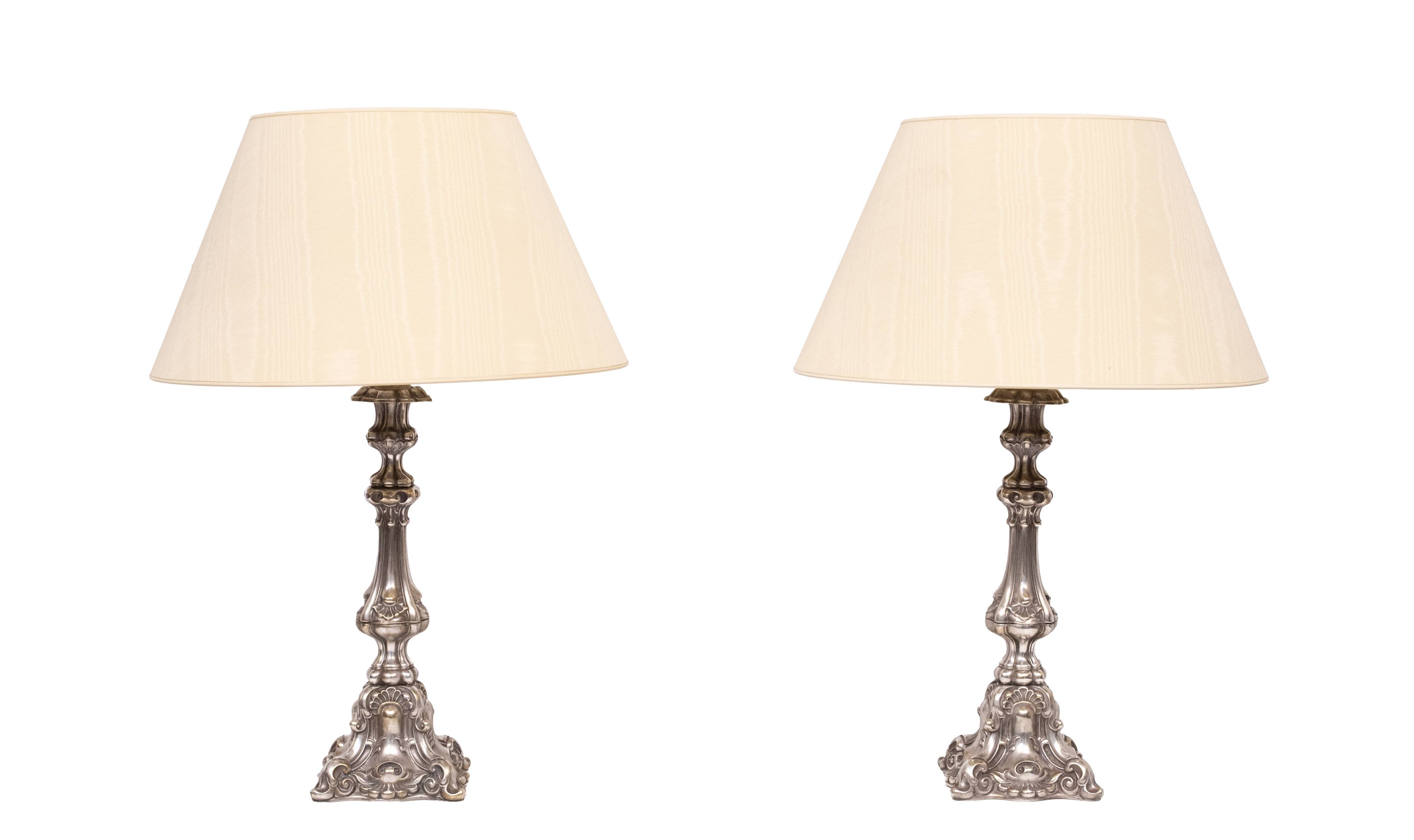 Stunning set of Rococo Silver Plated table lamps 1920s