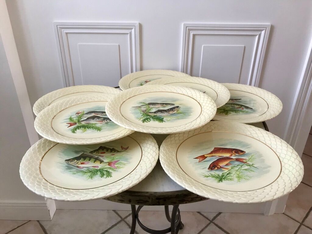 lot of 8 flat plates Gien fish 50s