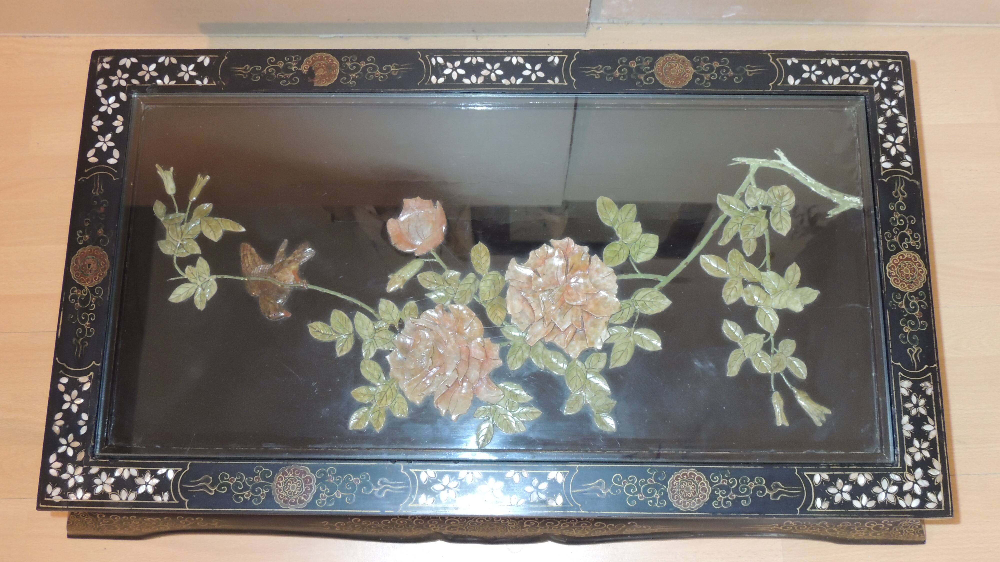 Table basse japonaise décor floral et oiseaux/vintage