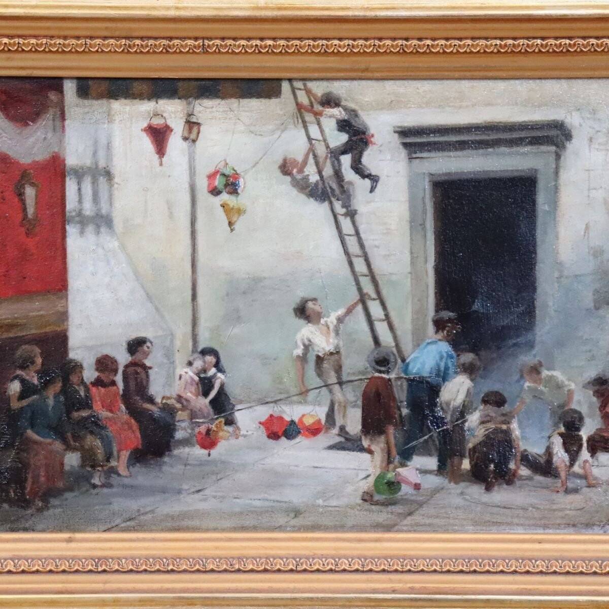 Oil Painting On Canvas, Children At Play, Italy, 19th Century
