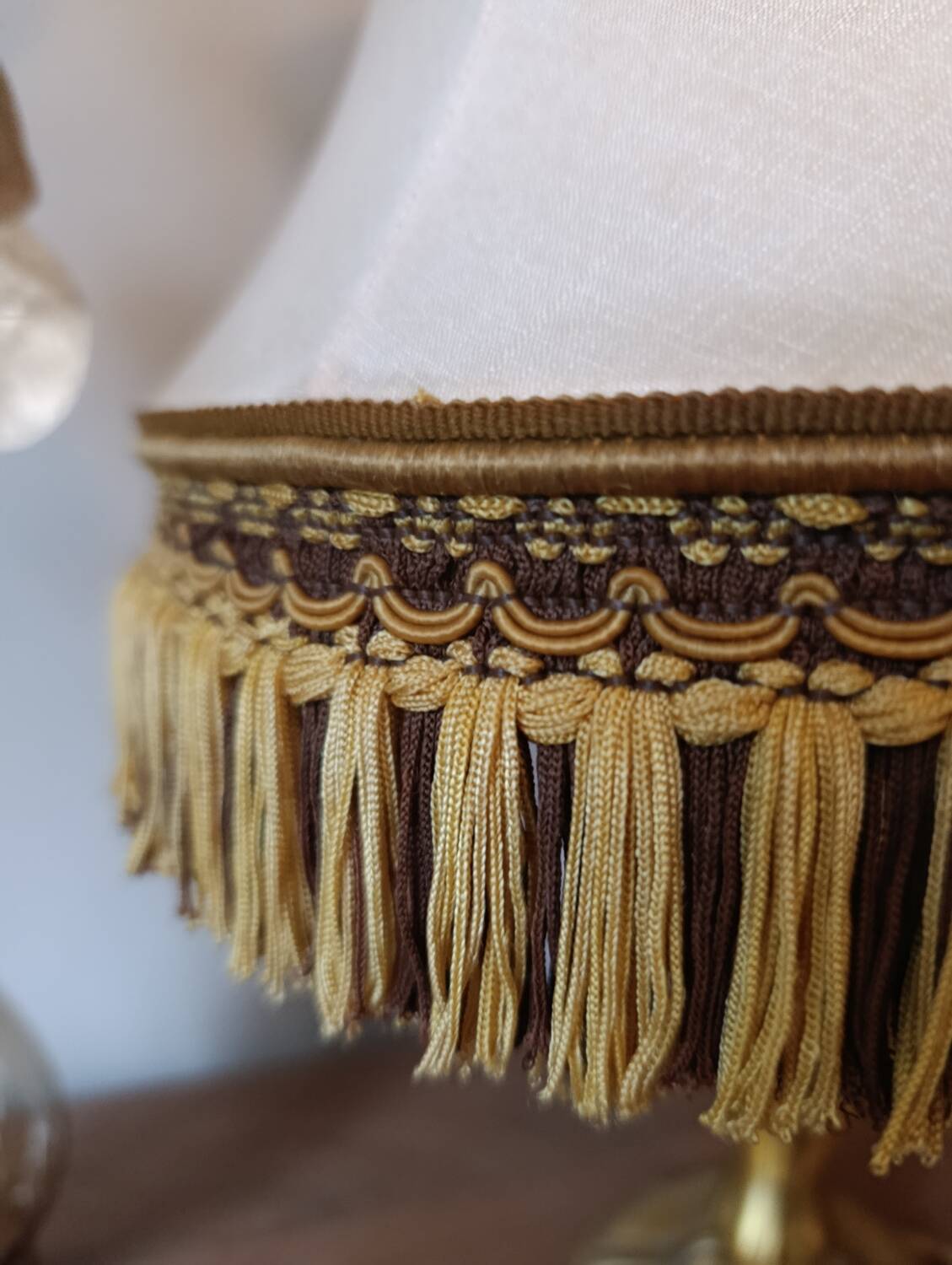 Chic retro lamp with a bronze pagoda fringe shade, 1950.