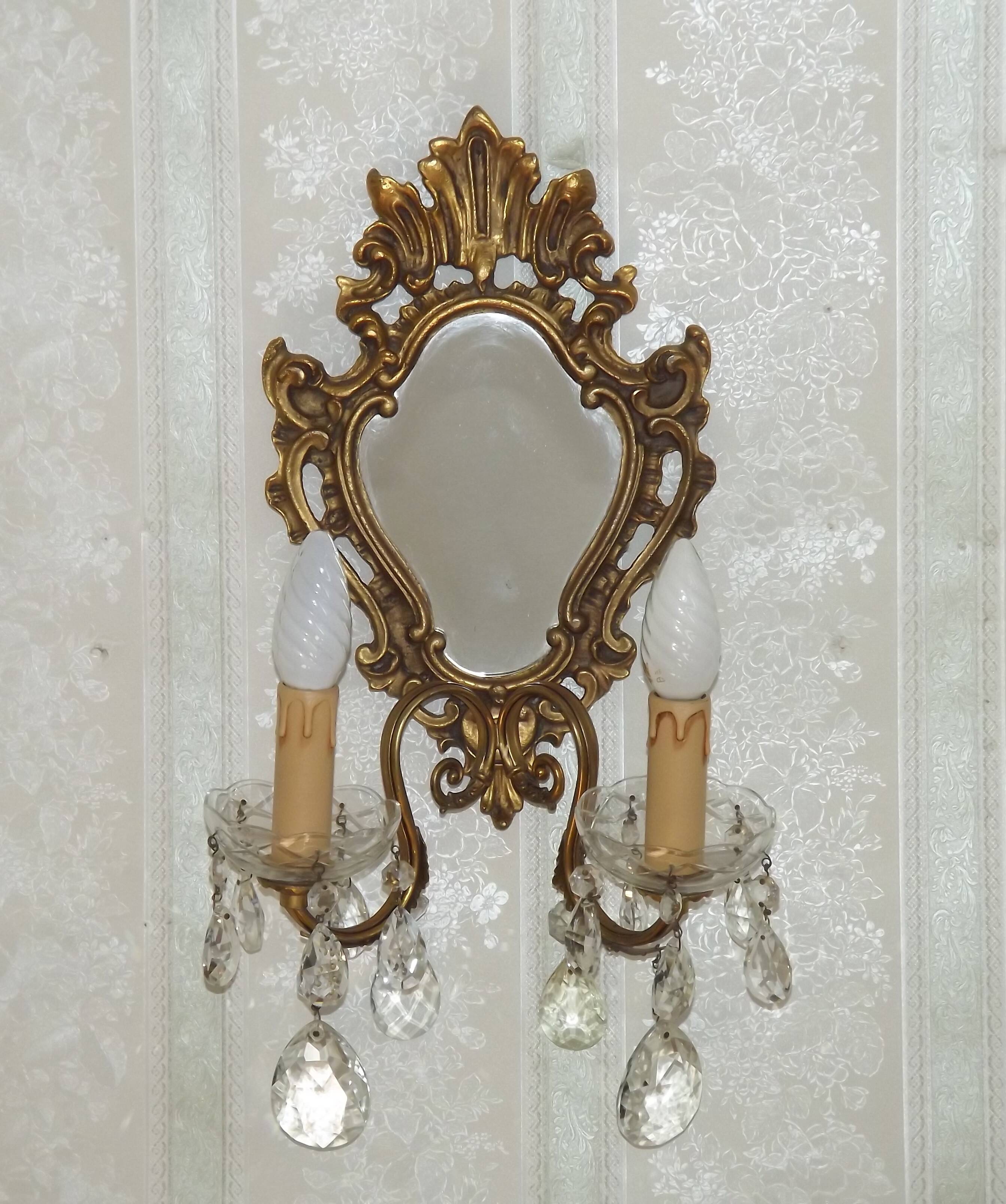 French Antique Gilt Bronze Baroque Double Light Crystal Mirror Wall Sconce 4807