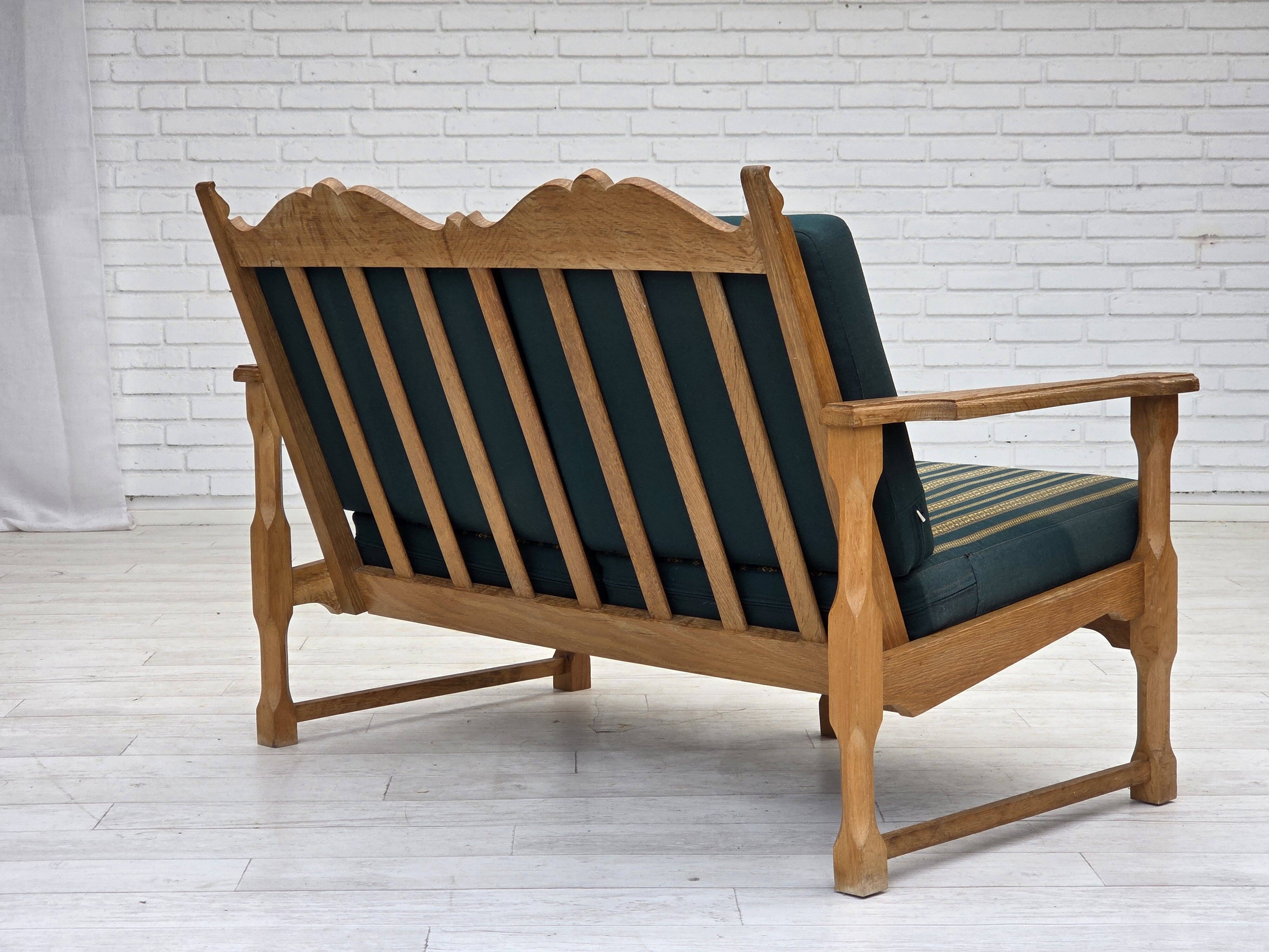 1970s, Scandinavian 2-seater sofa, furniture wool, solid oak wood.