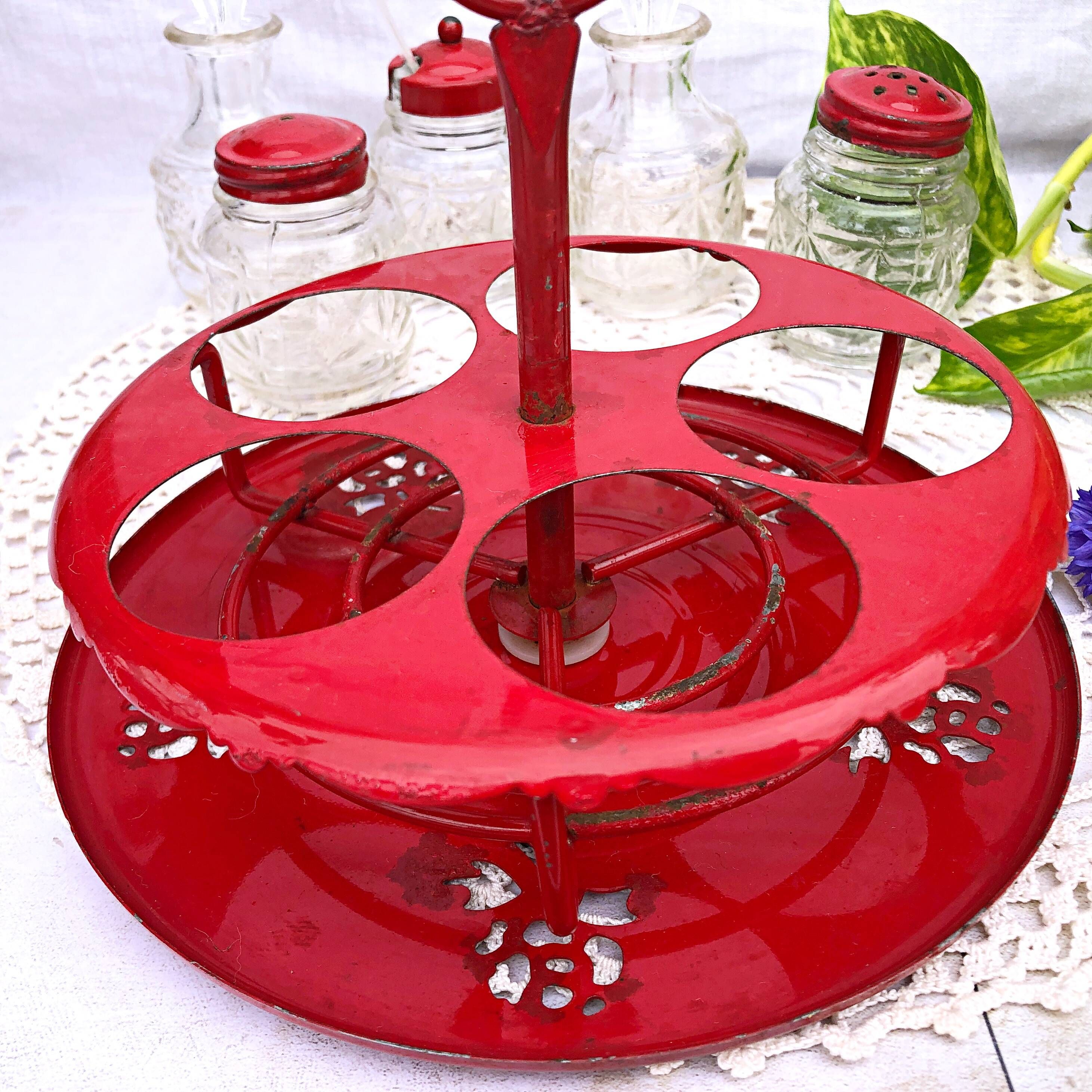 Table condiment server red metal turntable 6 vintage pieces