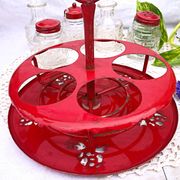 Table condiment server red metal turntable 6 vintage pieces