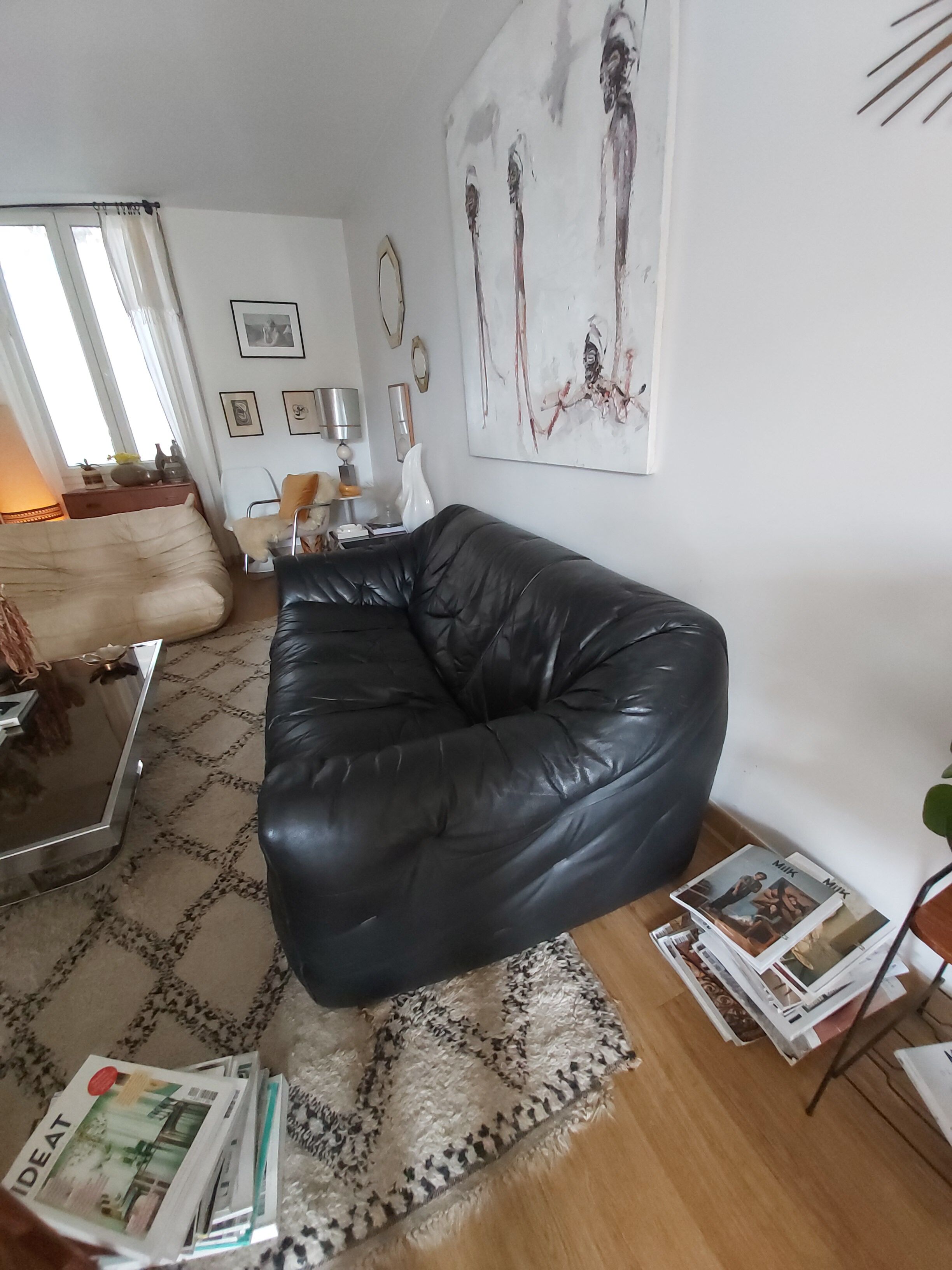 80s black leather Sloop Sloop Line Sofa