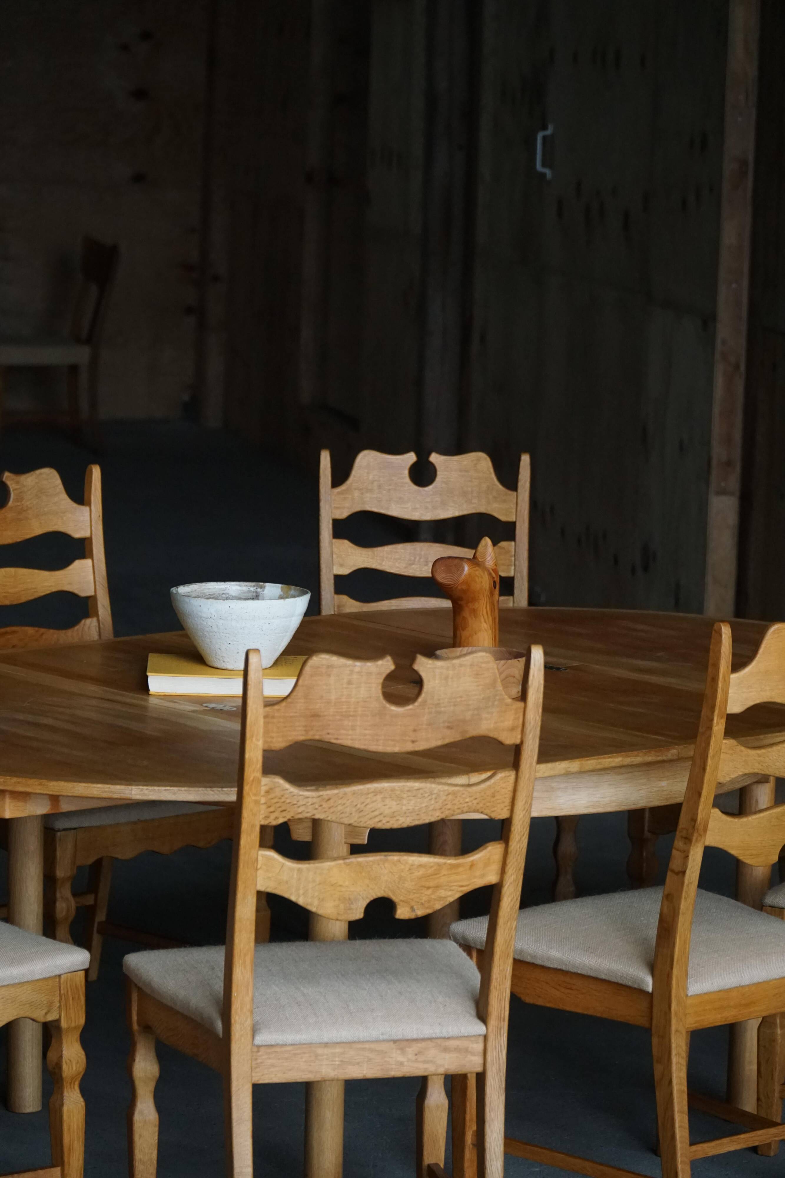 Set of 8 oak chairs with jute fabric, Henning Kjærnulf, mid-century Danish, 1960s.