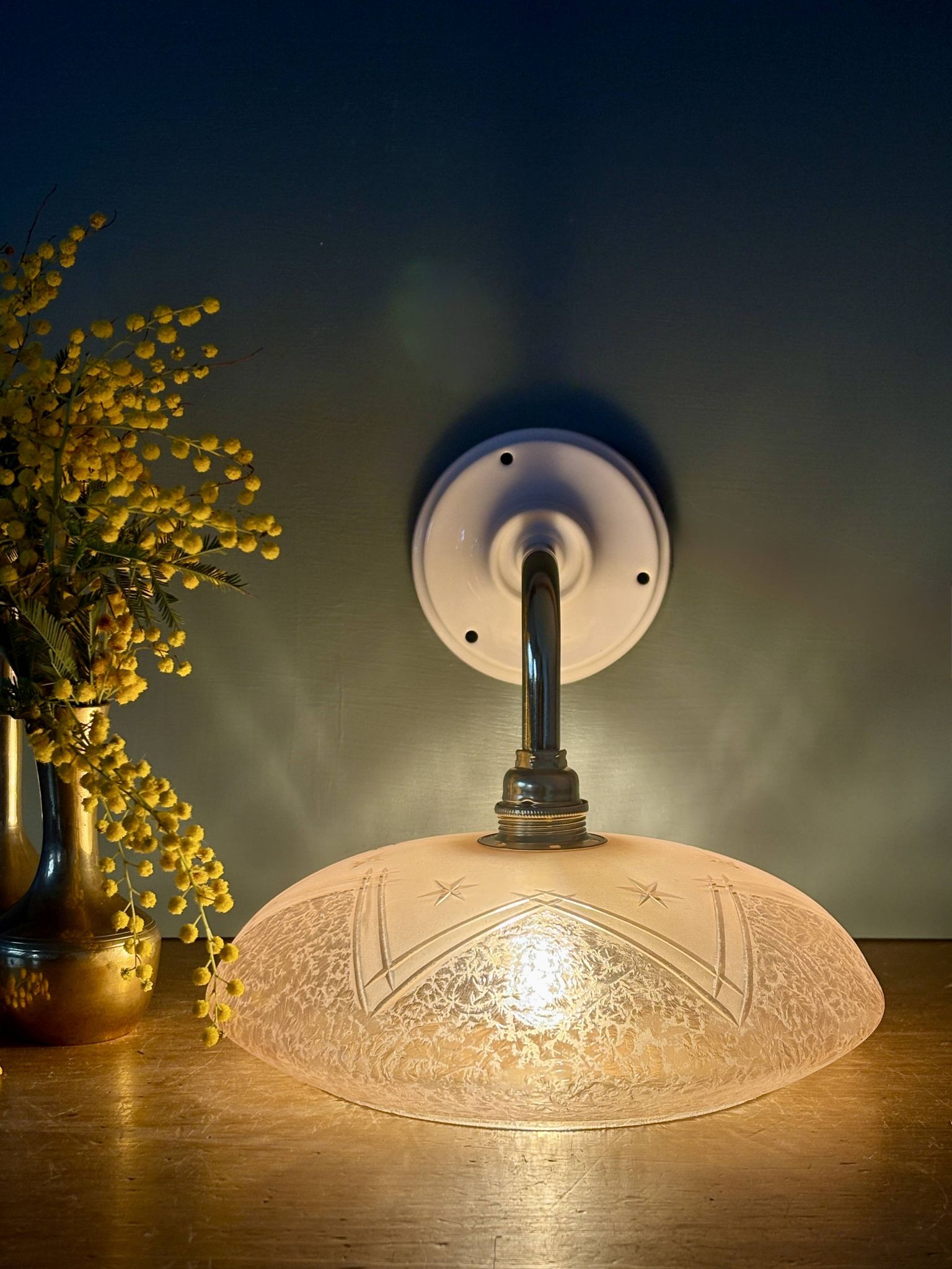 Vintage pink frosted glass wall lamp with elbow arm