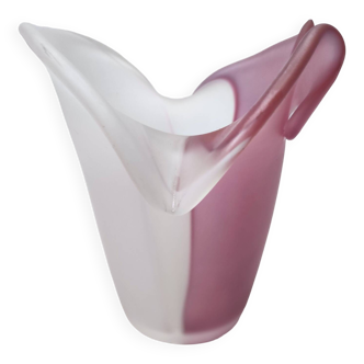 Double Color White and Pink Etched Murano Glass Vase, Italy, 1980s
