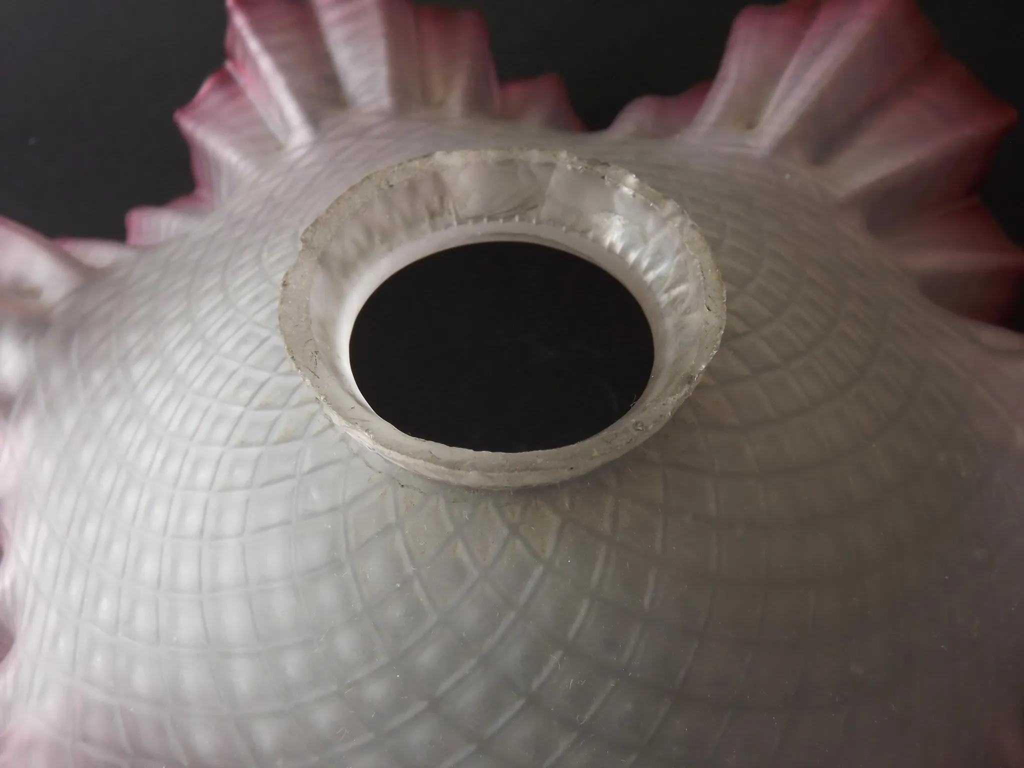 French Vintage 1930s Patterned Pink And White Frilled Glass Shade